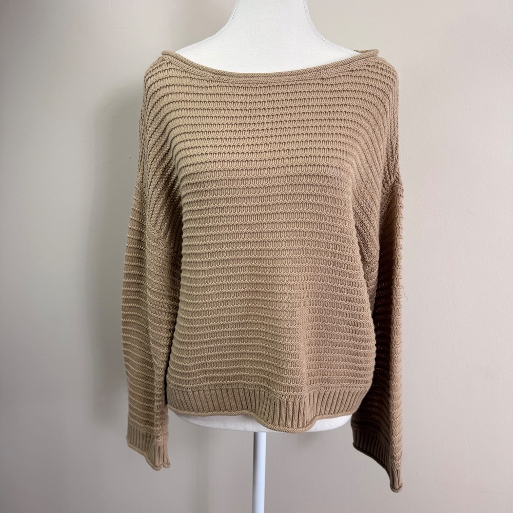Aerie Womens Tan Cotton Textured Open Stitch Boatneck Pullover Sweater Size M